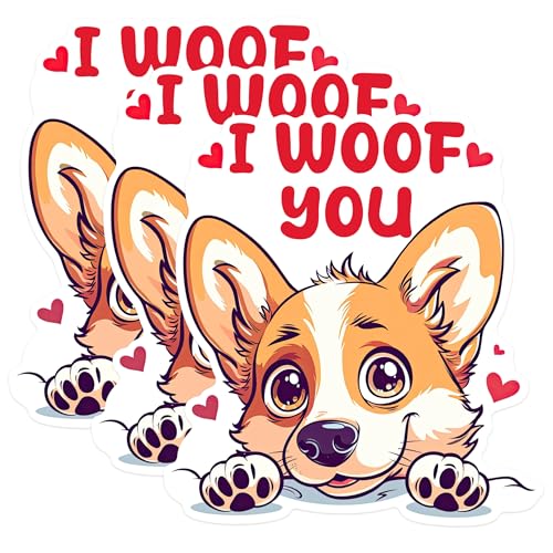 (3 Pack) I Woof You Decals - Corgi Dog Stickers - Cute Animal Decal - 3 Inches On Longest Side - Easy Peel & Apply - Made in USA - 3MCS1405