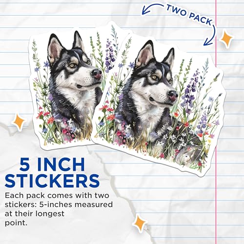 (2 Pack) Husky Dog Stickers - Cute Dog Art - Floral Dog Design - 5" On Longest Side - Sticks to Smooth Flat Surfaces - Made in USA - BMCS7077