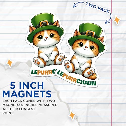 (2 Pack) Cute Cat Magnets - Funny Leprechaun Cat - St Patrick's Day Decor - 5" On Longest Side - for Cars, Fridges, Toolboxes - Made in USA - MAG8113