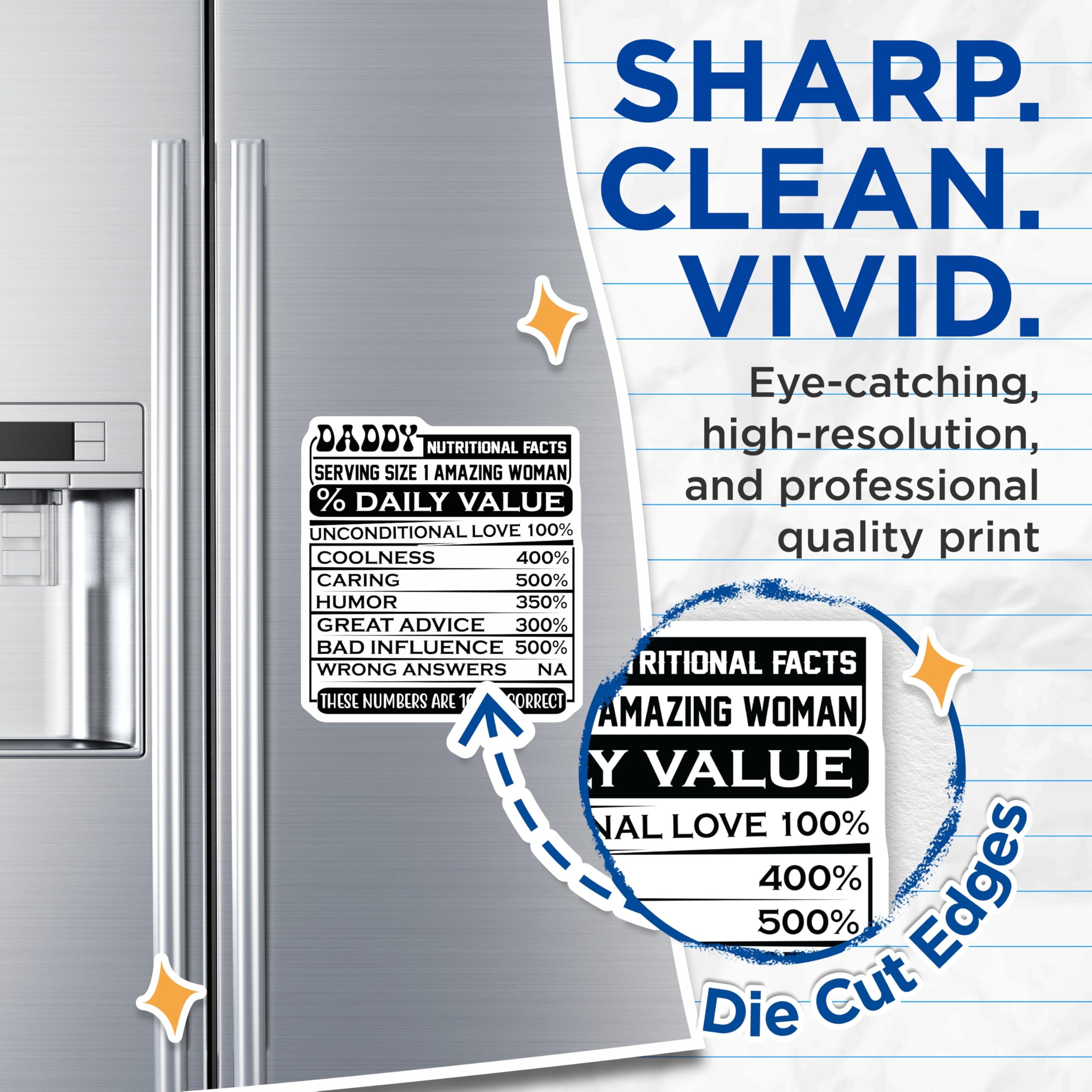 (2 Pack) Daddy Nutritional Facts Magnets - Amazing Woman - Dad Joke Fridge Art - 5" On Longest Side - Premium Magnet - for Cars, Refrigerators, Toolboxes, Lockers - Made in USA - MAG15266