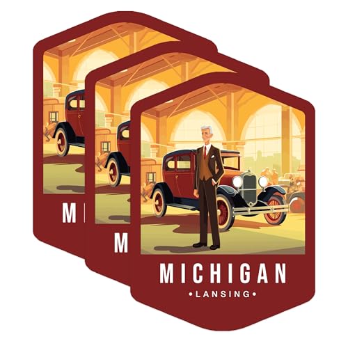 (3 Pack) Michigan Decals - Lansing Decals - Vintage Car Decals - 3 Inches On Longest Side - Easy Peel & Apply - Made in USA - 3MCS0363
