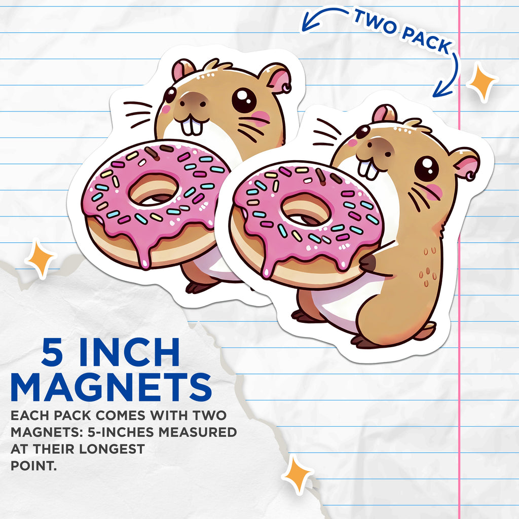 (2 Pack) Cute Hamster Donut Magnets - Kawaii Refrigerator Decor - Adorable Animal Lover Kitchen Accessories - 5 Inches On Longest Side - Thick Durable Magnet - Made in USA - MAG39239