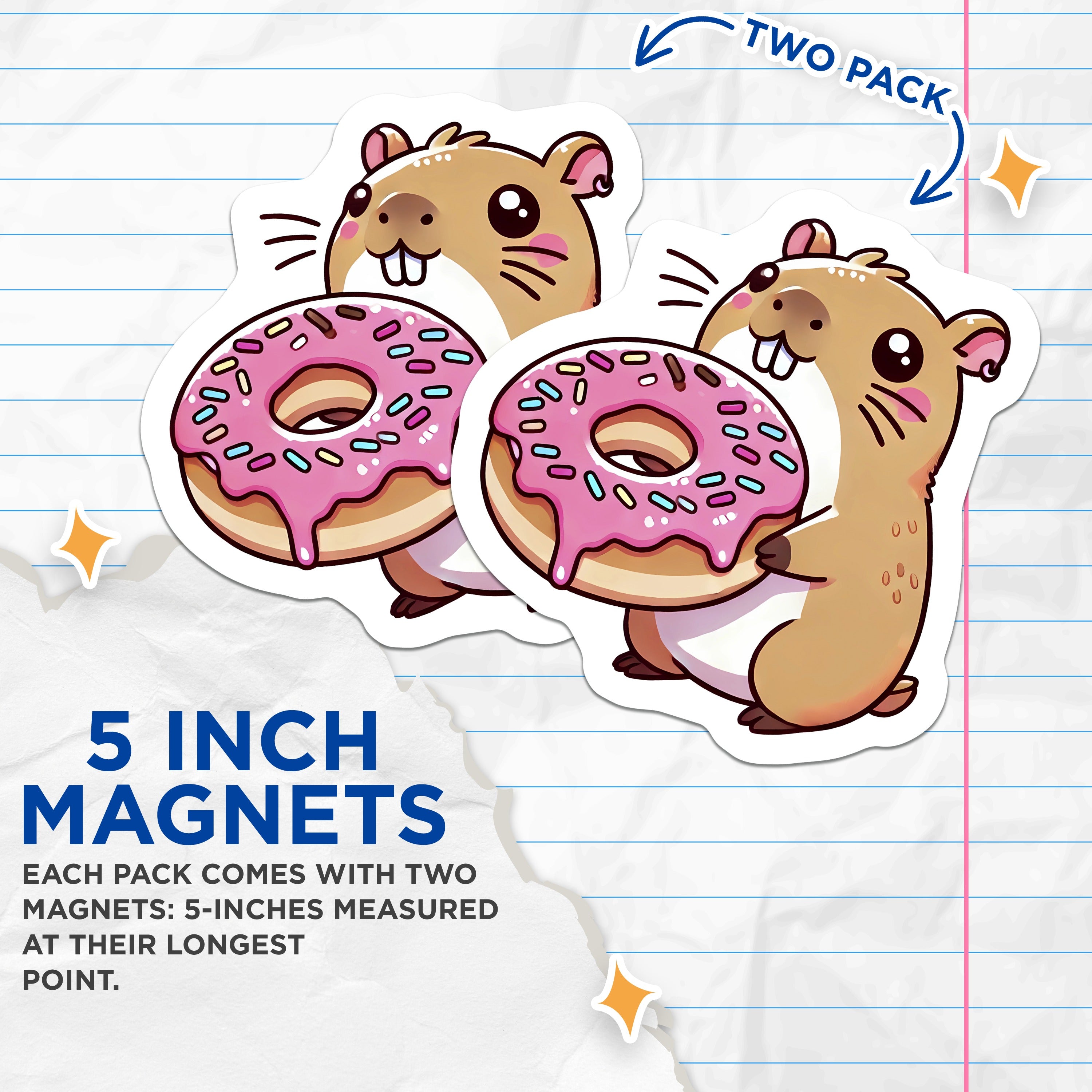 (2 Pack) Cute Hamster Donut Magnets - Kawaii Refrigerator Decor - Adorable Animal Lover Kitchen Accessories - 5 Inches On Longest Side - Thick Durable Magnet - Made in USA - MAG39239