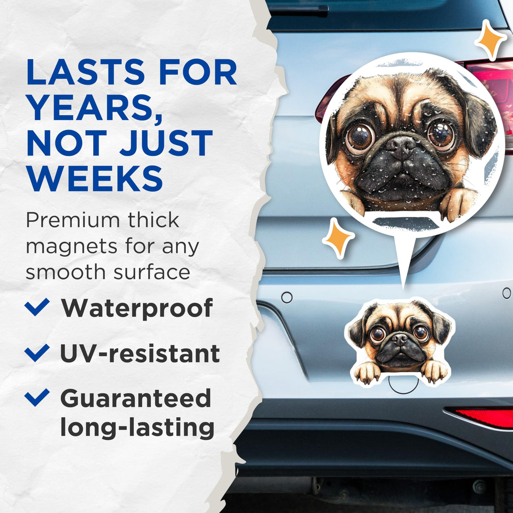 (2 Pack) Pug Magnets - Cute Dog Fridge Decorations - Adorable Pet Lover Kitchen Accessories - 5" On Longest Side - Premium Magnet - for Cars, Refrigerators, Toolboxes, Lockers - Made in USA - MAG14560