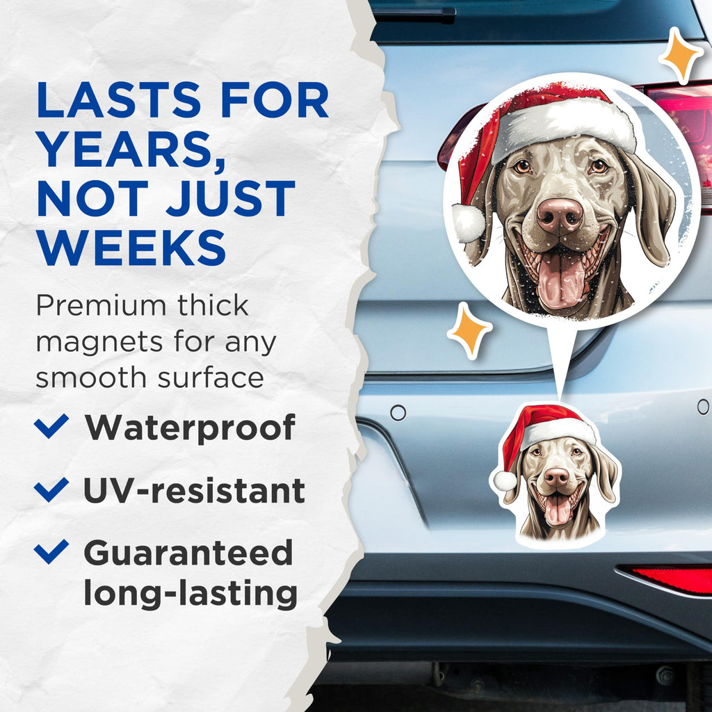 (2 Pack) Christmas Dog Magnets - Santa Hat Weimaraner Smiling - Happy Holiday Refrigerator Decor - 5 Inches On Longest Side - Thick Durable Magnet - Made in USA - MAG28013
