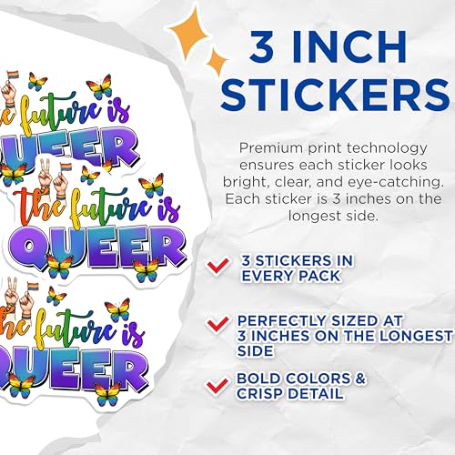 (3 Pack) The Future is Queer Decals - LGBTQ Pride Stickers - Rainbow Butterfly Decals - 3 Inches On Longest Side - Easy Peel & Apply - Made in USA - 3MCS7053