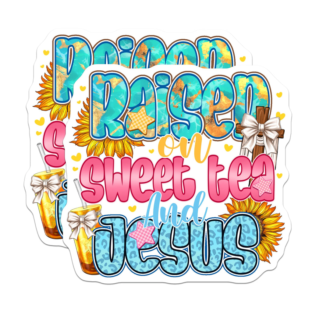 (2 Pack) Raised On Sweet Tea and Jesus Magnets - Southern Faith Decor - Sunflowers Kitchen Home Accent - 5 Inches On Longest Side - Thick Durable Magnet - Made in USA - MAG27269