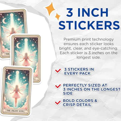 (3 Pack) Fairy Girl Decals - Celestial Sticker - Tarot Card Decal - 3 Inches On Longest Side - Easy Peel & Apply - Made in USA - 3MCS4173