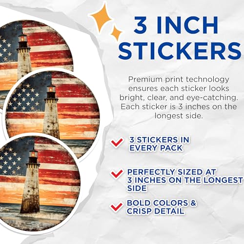 (3 Pack) Lighthouse Decals - American Flag Art - Patriotic Stickers for Laptop - 3 Inches On Longest Side - Easy Peel & Apply - Made in USA - 3MCS0040