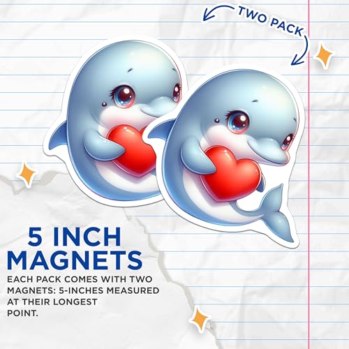 (2 Pack) Dolphin Heart Magnets - Cute Animal Magnets - Ocean Lover - Cute Dolphin Magnet - Fun Refrigerator Magnets - 5" On Longest Side - for Cars, Fridges, Toolboxes - Made in USA - MAG3633