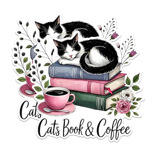 (2 Pack) Cats Book and Coffee Stickers - Cute Cat Lover - Book Lover - Coffee Aficionado - 5" On Longest Side - Sticks to Any Smooth Flat Surface - Made in USA - BMCS2749