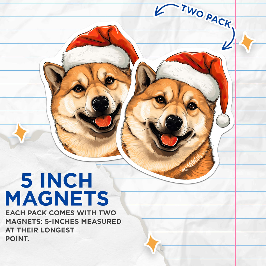 (2 Pack) Shiba Inu Christmas Magnets - Santa Hat Dog Mom Decor - Festive Pet Lover Magnet - 5 Inches On Longest Side - Thick Durable Magnet - Made in USA - MAG27629