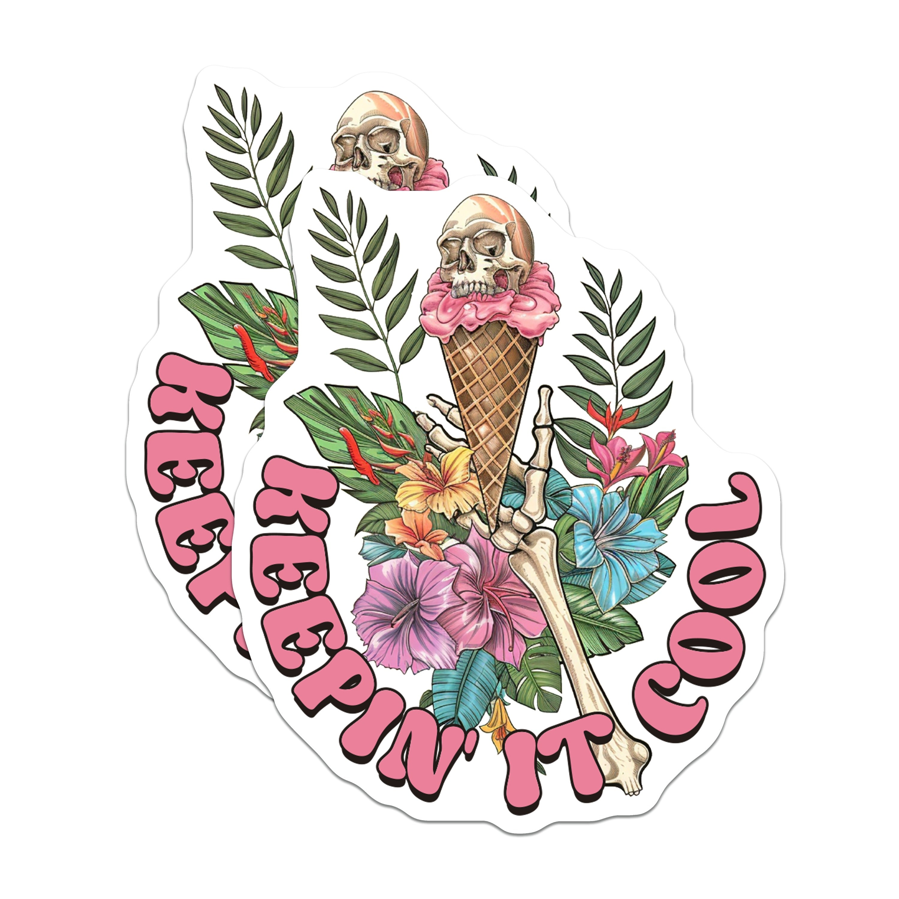 (2 Pack) Skull Ice Cream Magnets - Keepin It Cool Art - Tropical Skeleton Decor - 5 Inches On Longest Side - Thick Durable Magnet - Made in USA - MAG39286