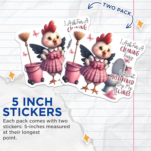 (2 Pack) Funny Chicken Cleaning Fairy Stickers - Cute Animal Decal - Bathroom Humor Stickers - 5" On Longest Side - Sticks to Smooth Flat Surfaces - Made in USA - BMCS4504