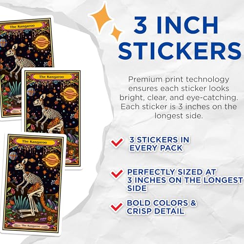 (3 Pack) Kangaroo Skeleton Decals - Celestial Animal Art - Laptop Stickers - 3 Inches On Longest Side - Easy Peel & Apply - Made in USA - 3MCS2420