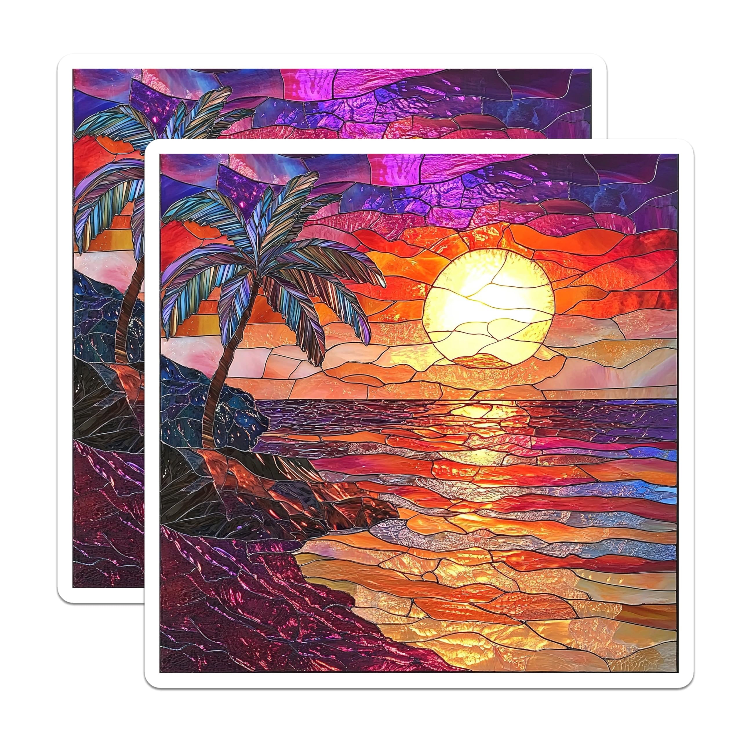 (2 Pack) Stained Glass Sunset Magnets - Tropical Ocean Palm Tree Art - Vibrant Beach Refrigerator Decor - 5 Inches On Longest Side - Thick Durable Magnet - Made in USA - MAG24548