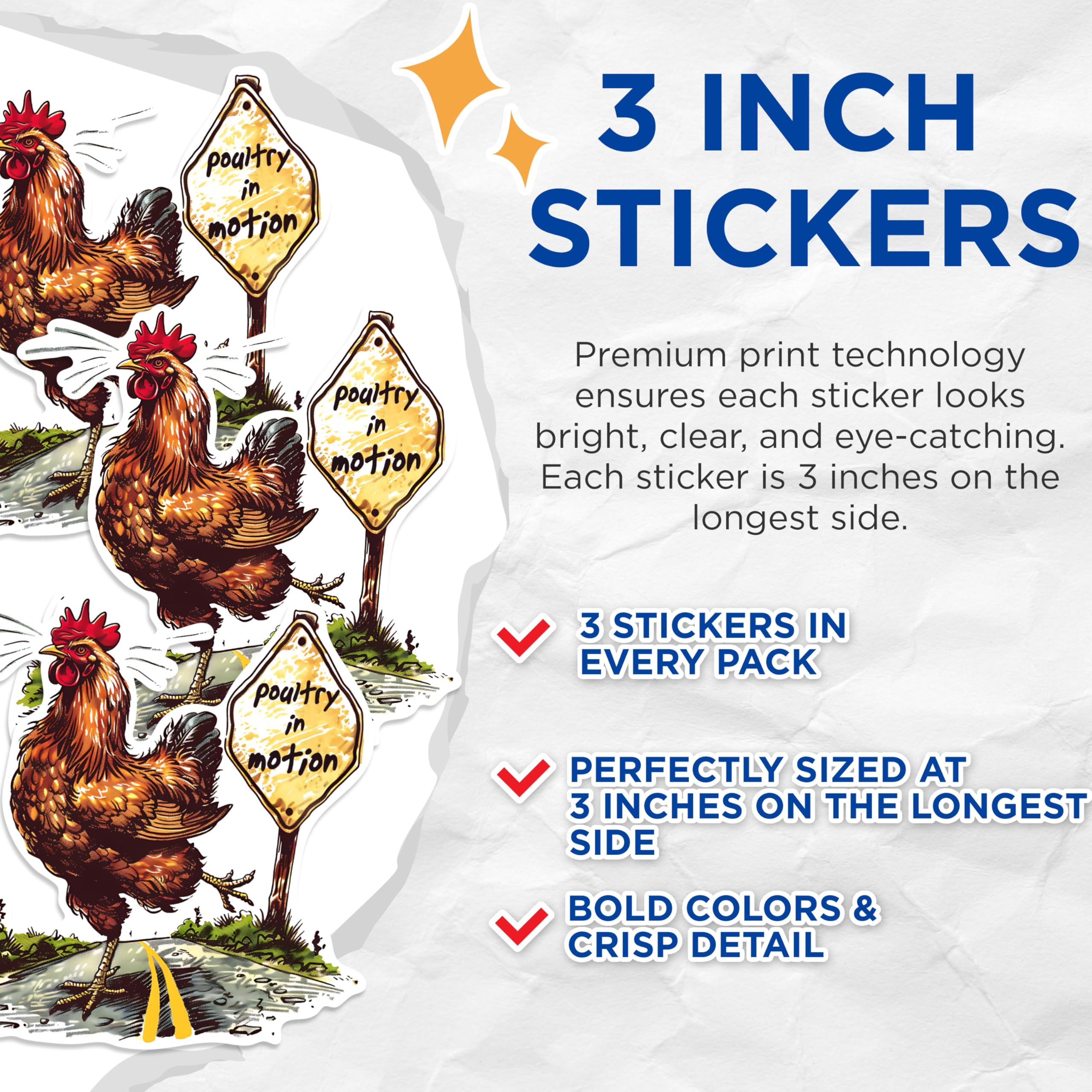 (3 Pack) Chicken Decals - Poultry in Motion - Funny Chicken Sticker - 3 Inches On Longest Side - Easy Peel & Apply - Made in USA - 3MCS1463