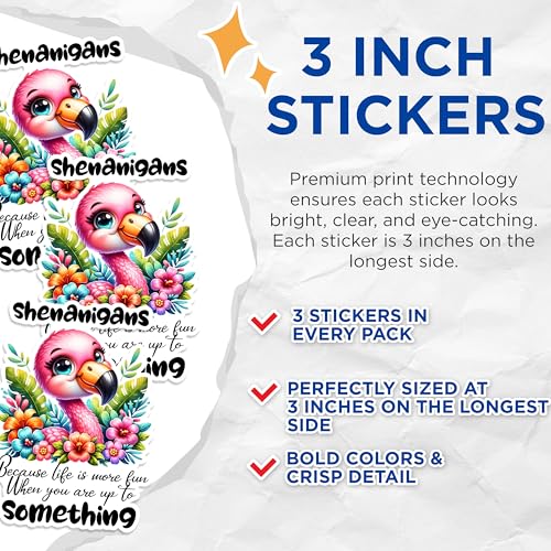 (3 Pack) Flamingo Shenanigans Decals - Fun Life Quote - Tropical Flowers Laptop Decal - 3 Inches On Longest Side - Easy Peel & Apply - Made in USA - 3MCS1726