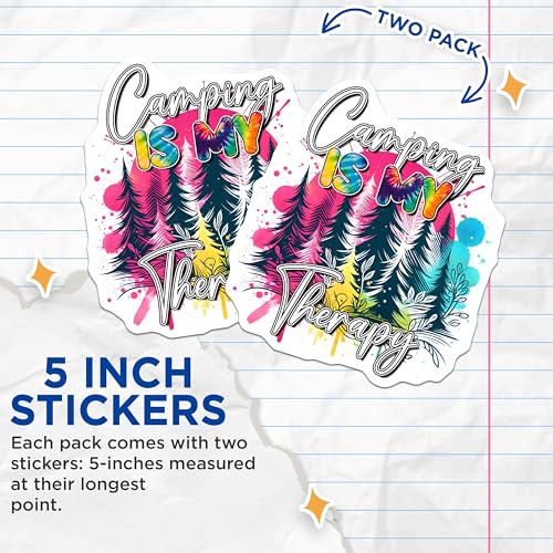 (2 Pack) Camping is My Therapy Stickers - Outdoor Adventure Stickers - Nature Lover Decal for Laptops - 5" On Longest Side - Sticks to Any Smooth Flat Surface - Made in USA - BMCS3275