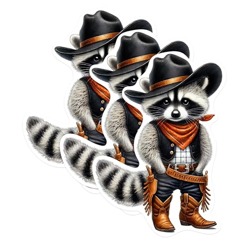 (3 Pack) Raccoon Cowboy Decals - Western Animal Stickers - Funny Laptop Decal - 3 Inches On Longest Side - Easy Peel & Apply - Made in USA - 3MCS0955