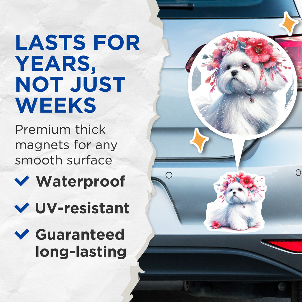 (2 Pack) Maltese Dog Magnets - Floral Crown Puppy Fridge Decor - Cute Pet Lover Art Kitchen Accessory - 5 Inches On Longest Side - Thick Durable Magnet - Made in USA - MAG36492