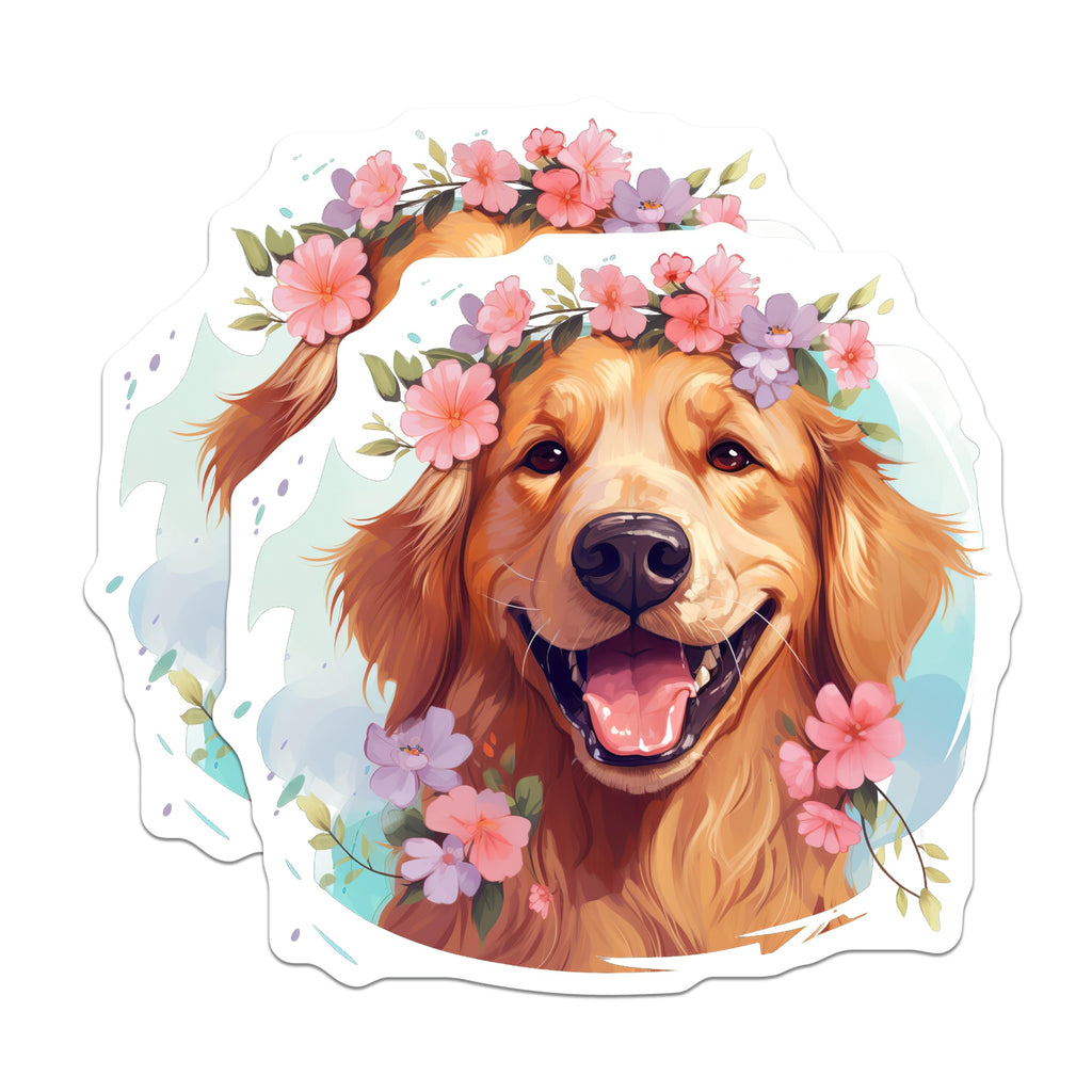 (2 Pack) Golden Retriever Magnets - Floral Crown Dog Art - Happy Pet Lover Decor - 5 Inches On Longest Side - Thick Durable Magnet - Made in USA - MAG24850