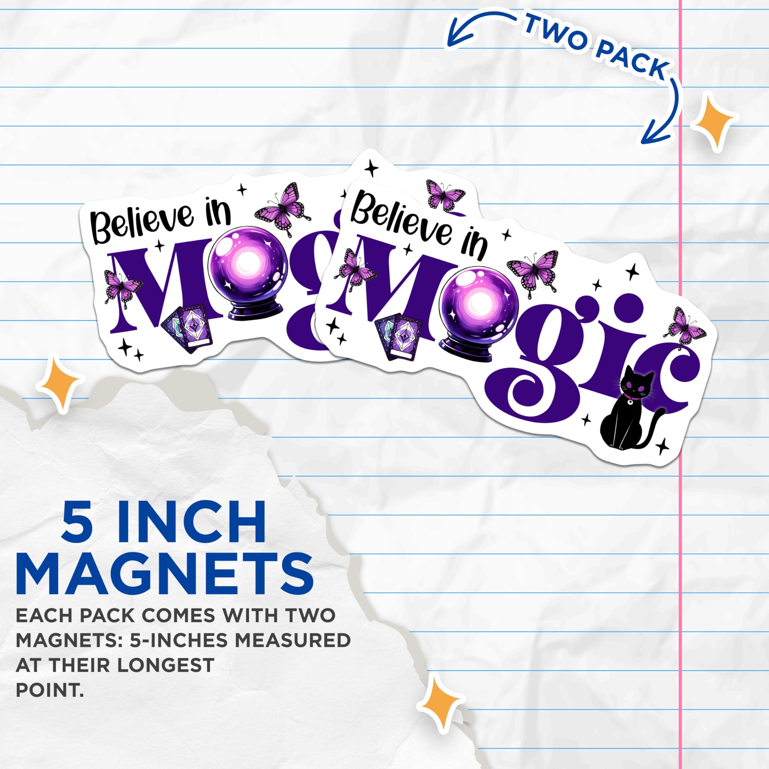 (2 Pack) Believe in Magic Magnets - Cute Purple Butterflies - Whimsical Cat and Crystal Decor - 5" On Longest Side - for Cars, Fridges, Toolboxes - Made in USA - MAG8071