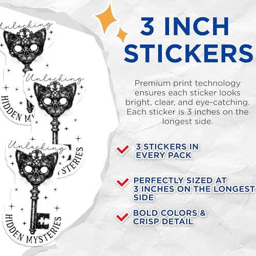 (3 Pack) Black Cat Key Decals - Unlocking Mysteries Laptop Decal - Gothic Decor Sticker - 3 Inches On Longest Side - Easy Peel & Apply - Made in USA - 3MCS2379