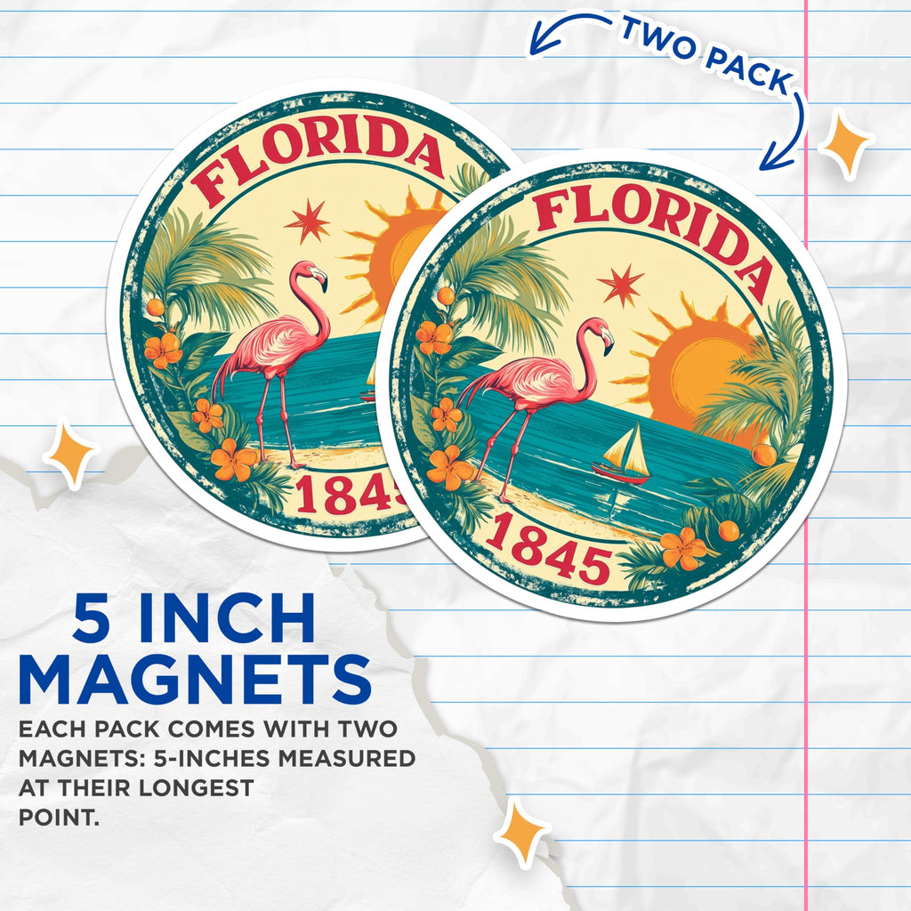 (2 Pack) Florida State Seal Magnets - Flamingo Art - Retro Travel Magnets - 5" On Longest Side - Premium Magnet - for Cars, Refrigerators, Toolboxes, Lockers - Made in USA - MAG15976