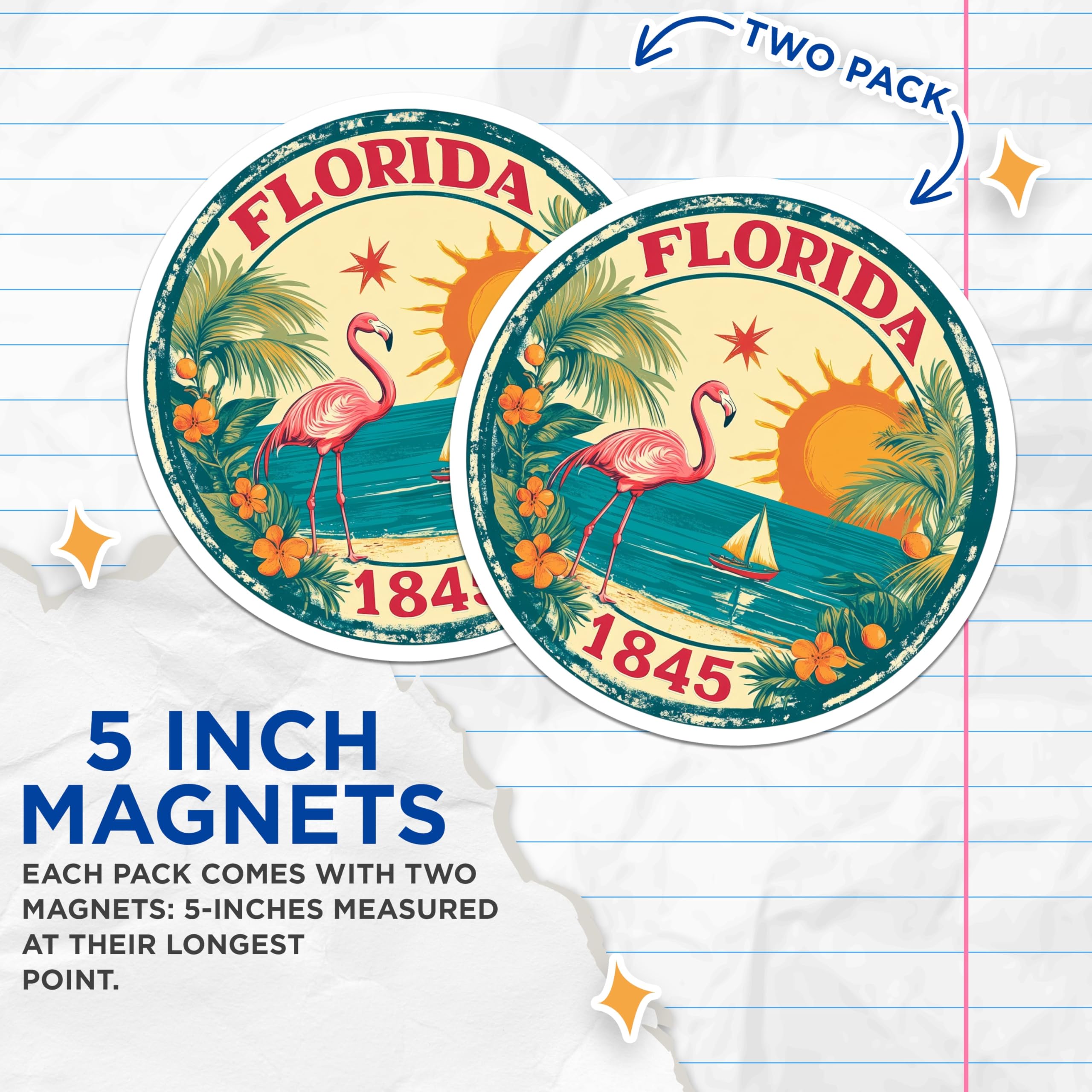 (2 Pack) Florida State Seal Magnets - Flamingo Art - Retro Travel Magnets - 5" On Longest Side - Premium Magnet - for Cars, Refrigerators, Toolboxes, Lockers - Made in USA - MAG15976