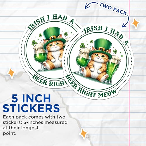 (2 Pack) Irish Cat Beer Stickers - St Patrick's Day - Funny Cat - 5" On Longest Side - Sticks to Smooth Flat Surfaces - Made in USA - BMCS8112