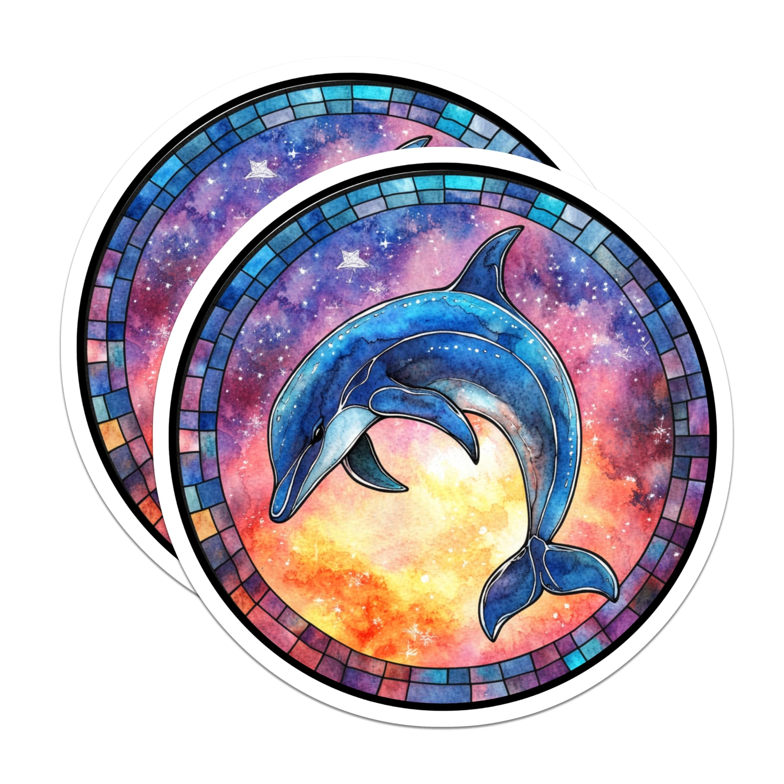 (2 Pack) Dolphin Stained Glass Magnets - Celestial Ocean Art - Watercolor Fridge Decor - 5 Inches On Longest Side - Thick Durable Magnet - Made in USA - MAG25228