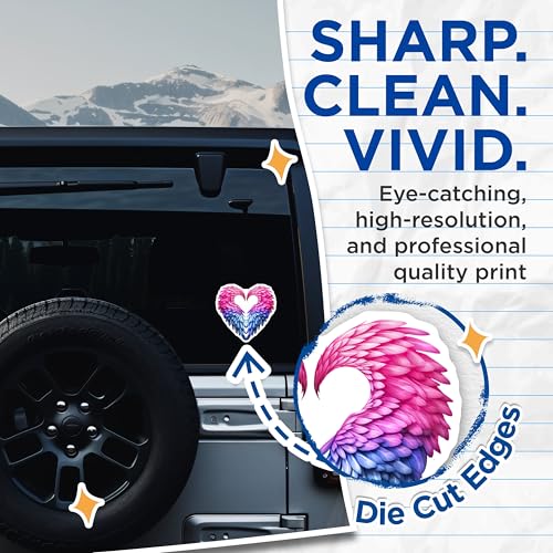 (2 Pack) Angel Wing Heart Stickers - Colorful Feather Stickers - Pink and Blue Wings Sticker - 5" On Longest Side - Sticks to Smooth Flat Surfaces - Made in USA - BMCS7175