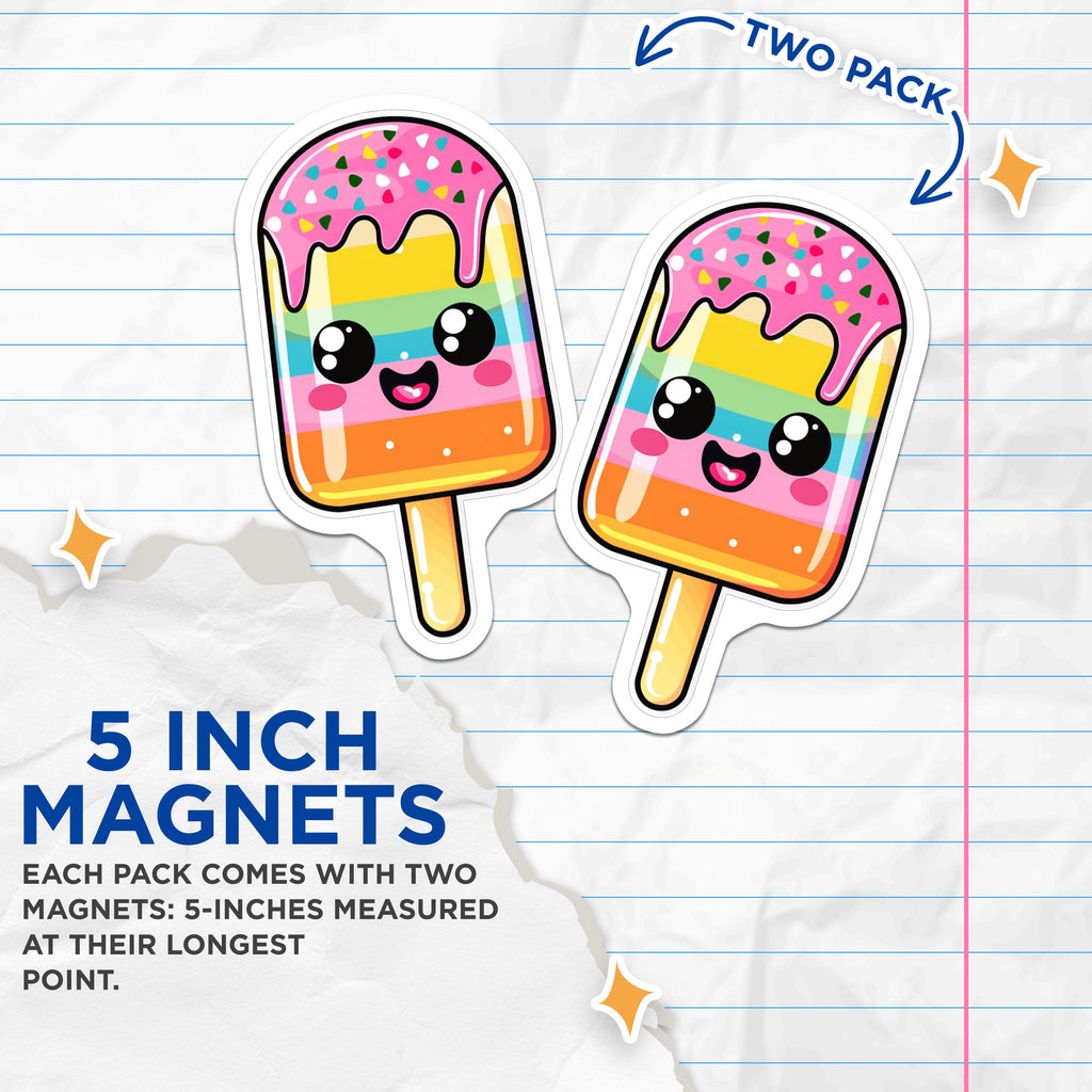 (2 Pack) Kawaii Popsicle Magnets - Cute Rainbow Food - Sweet Treat Refrigerator Locker Decor - 5 Inches On Longest Side - Thick Durable Magnet - Made in USA - MAG36816