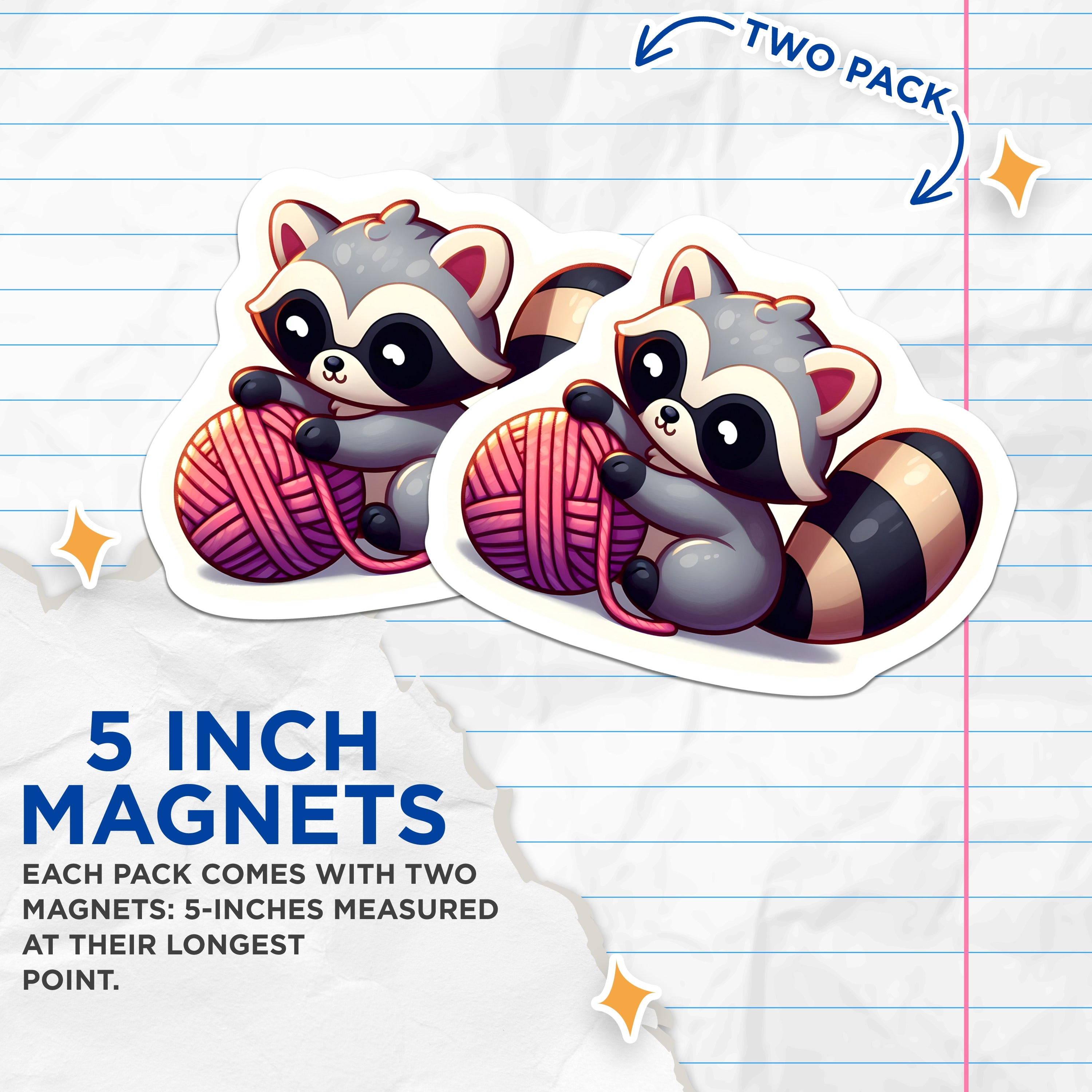 (2 Pack) Cute Raccoon Magnets - Kawaii Animal Fridge Magnets - Knitting Crocheting Craft Lover Decor - 5 Inches On Longest Side - Thick Durable Magnet - Made in USA - MAG37506