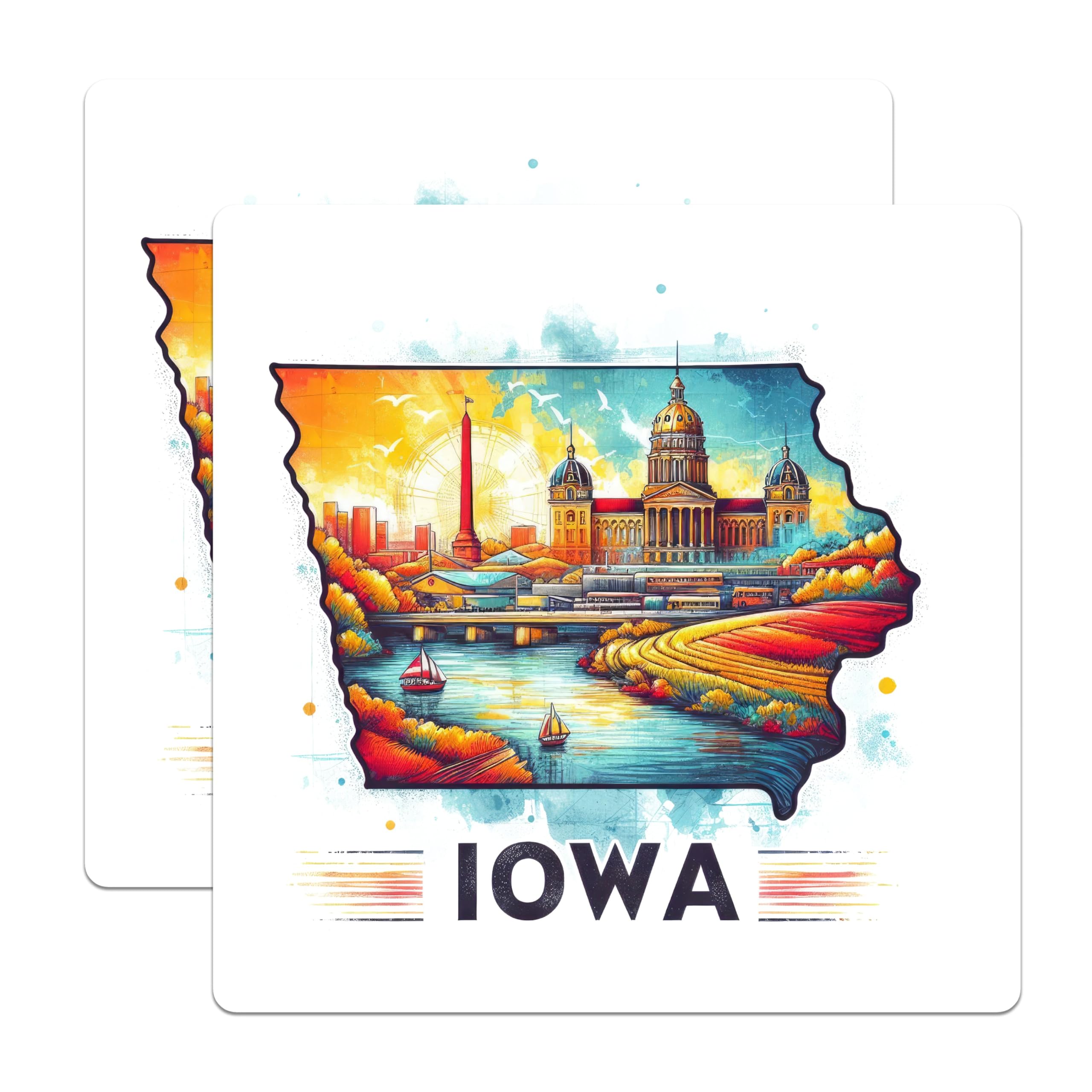 (2 Pack) Iowa Map Illustrative Stickers - State Pride Stickers - Colorful Travel Stickers - 5" On Longest Side - Sticks to Smooth Flat Surfaces - Made in USA - BMCS5112