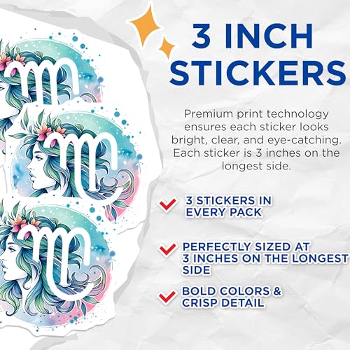 (3 Pack) Virgo Zodiac Sign Decals - Astrology Symbol - Watercolor Design Stickers- 3 Inches On Longest Side - Easy Peel & Apply - Made in USA - 3MCS5548