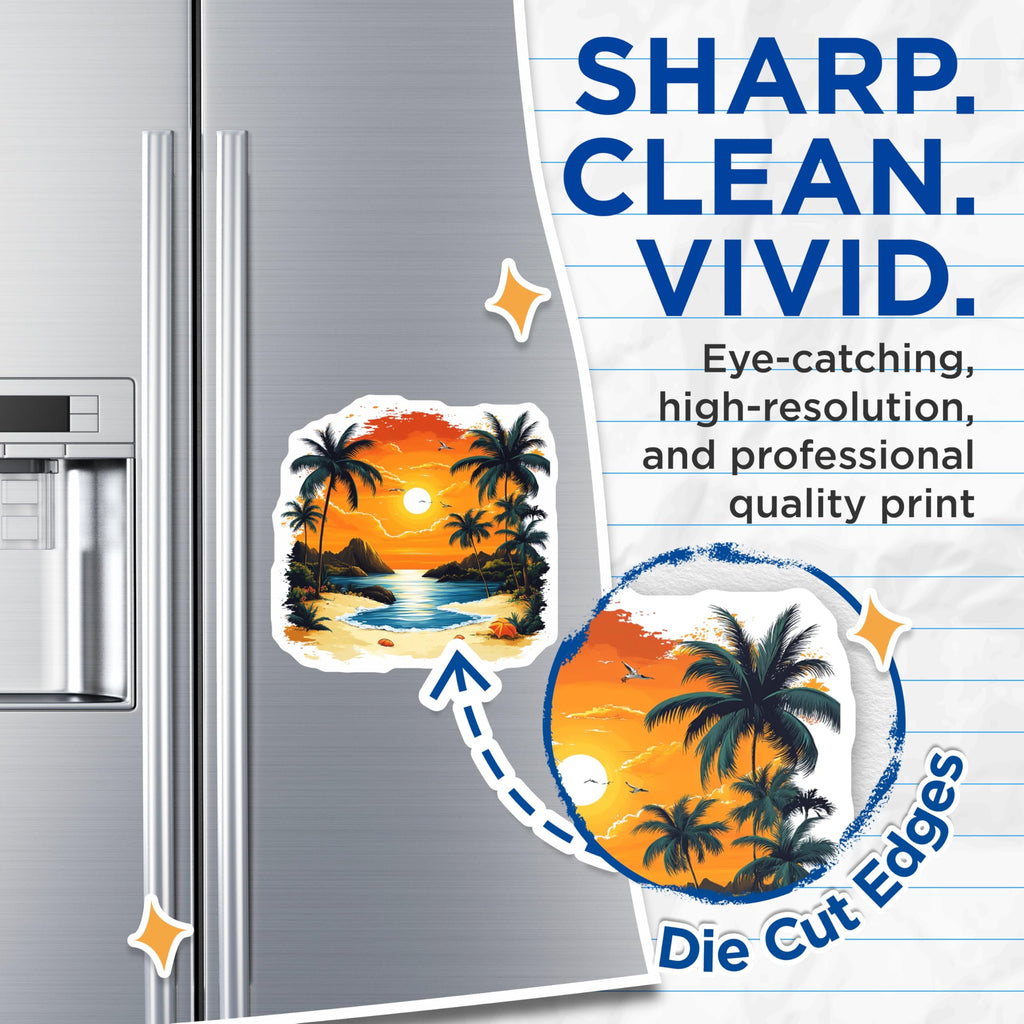 (2 Pack) Tropical Beach Sunset Magnets - Palm Tree Ocean Scene - Vacation Theme Fridge Decor - 5 Inches On Longest Side - Thick Durable Magnet - Made in USA - MAG25158