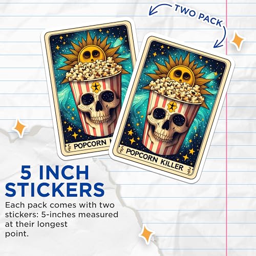 (2 Pack) Popcorn Killer Stickers - Skull Popcorn Art Decals - Sun and Stars Design Stickers - 5" On Longest Side - Sticks to Smooth Flat Surfaces - Made in USA - BMCS5268