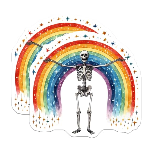 (2 Pack) Skeleton Rainbow Stickers - Colorful Skeleton Art - Rainbow Skeleton Design - 5" On Longest Side - Sticks to Smooth Flat Surfaces - Made in USA - BMCS7166