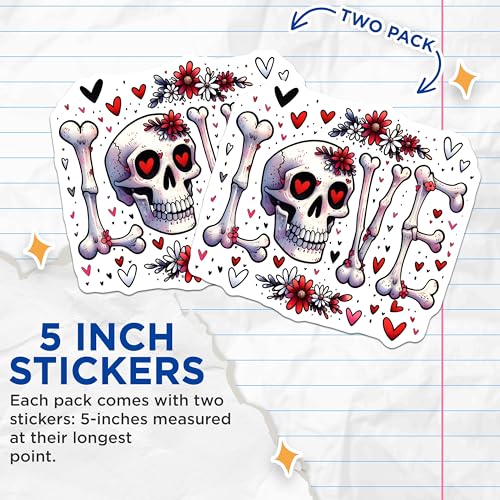 (2 Pack) Love Skull Stickers - Skeleton Art - Halloween Love Decal - Floral Skull Design - Cute Spooky - 5" On Longest Side - Sticks to Smooth Flat Surfaces - Made in USA - BMCS7393