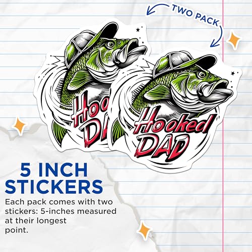 (2 Pack) Hooked Dad Stickers - Fishing Stickers - Outdoor Adventure Stickers - 5" On Longest Side - Sticks to Any Smooth Flat Surface - Made in USA - BMCS3490