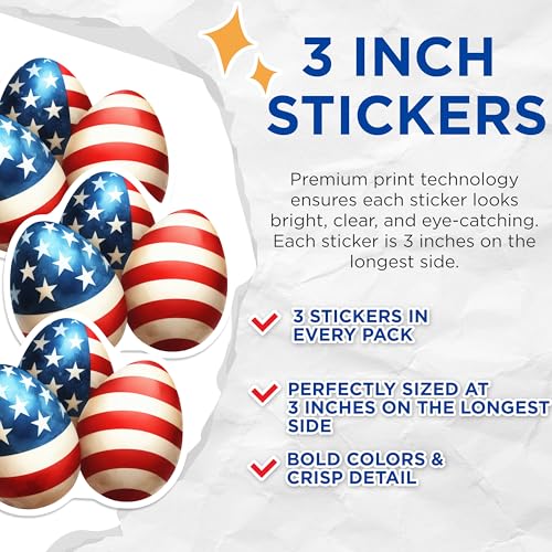 (3 Pack) American Flag Eggs Decals - Patriotic Easter Decals - USA Theme Decal- 3 Inches On Longest Side - Easy Peel & Apply - Made in USA - 3MCS5291
