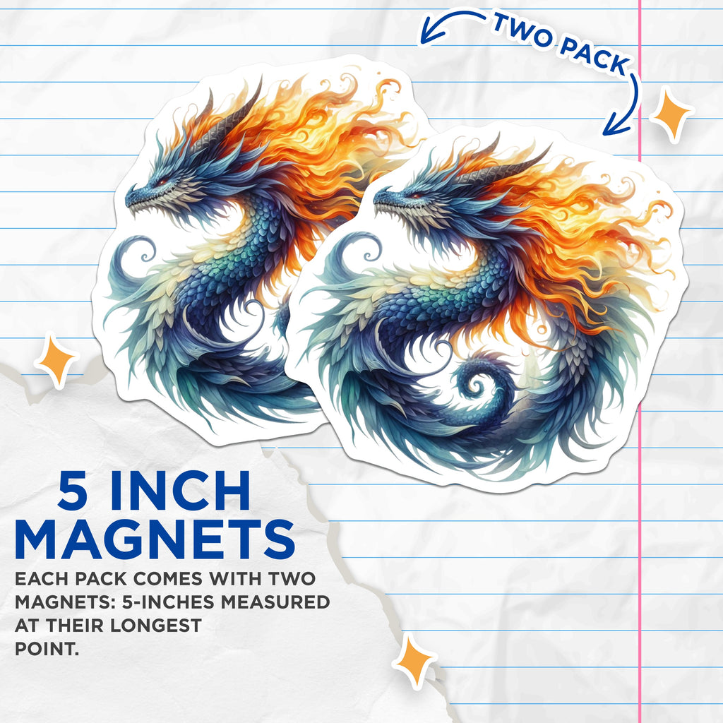 (2 Pack) Mythical Dragon Magnets - Blue Fire Serpent Art - Fantasy Creature Decor for Kitchen Fridge - 5 Inches On Longest Side - Thick Durable Magnet - Made in USA - MAG36937
