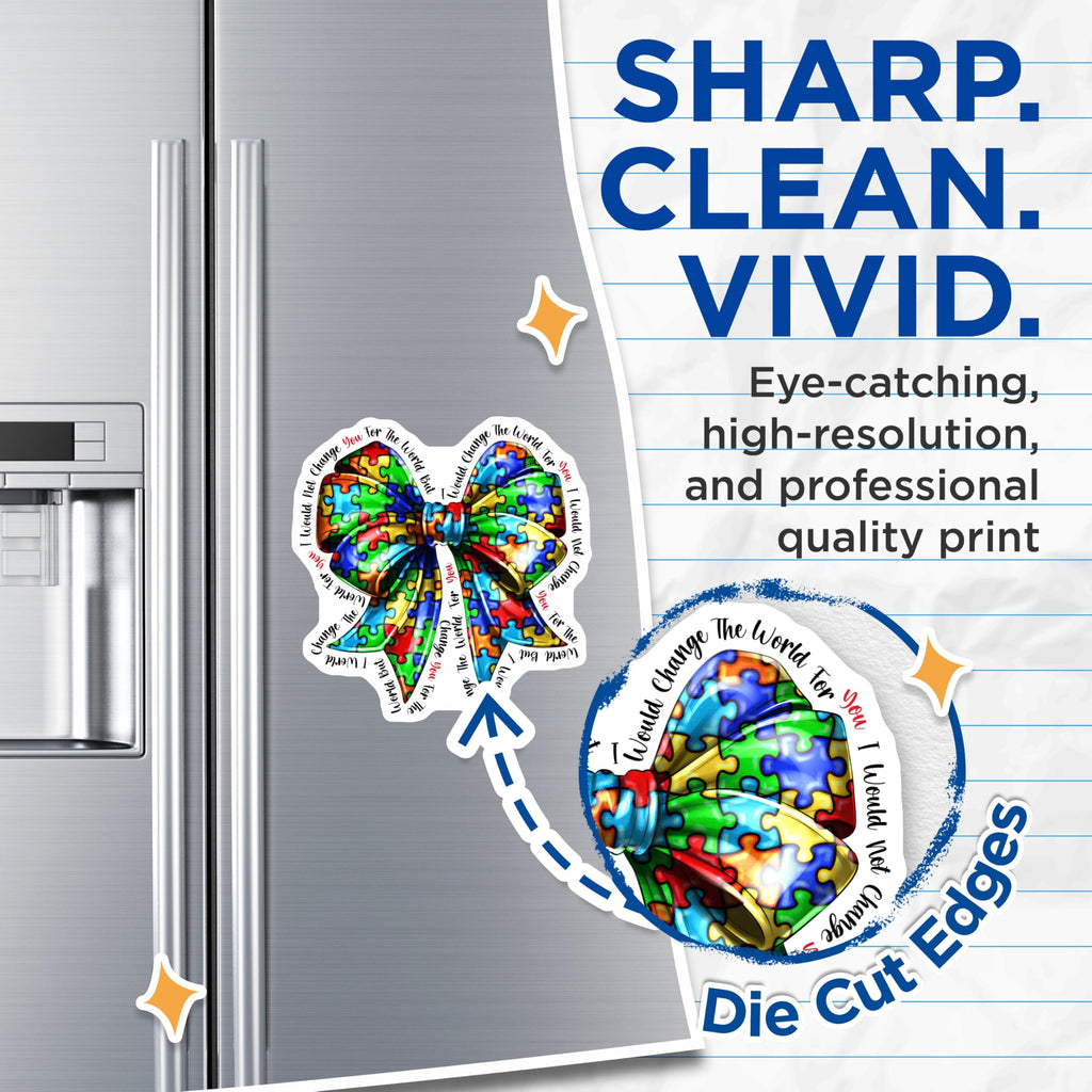 (2 Pack) Autism Awareness Magnets - Puzzle Piece Bow Design - Neurodiversity Acceptance Quote - World for You Message - 5 Inches On Longest Side - Thick Durable Magnet - Made in USA - MAG24222