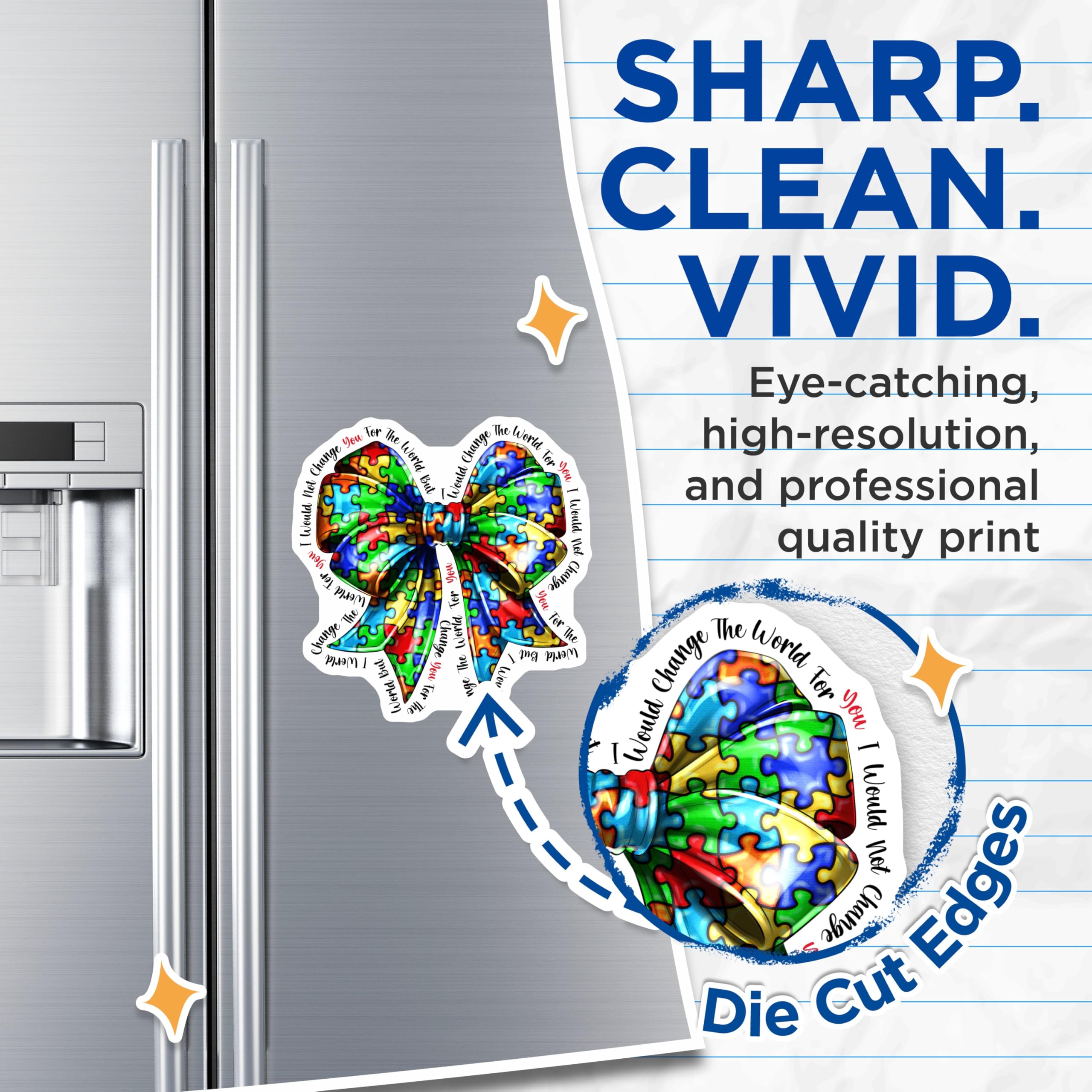 (2 Pack) Autism Awareness Magnets - Puzzle Piece Bow Design - Neurodiversity Acceptance Quote - World for You Message - 5 Inches On Longest Side - Thick Durable Magnet - Made in USA - MAG24222