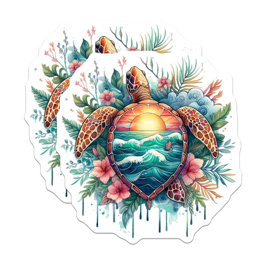 (2 Pack) Sea Turtle Magnets - Sunset Ocean Waves Art - Tropical Floral Decor Accent - 5 Inches On Longest Side - Thick Durable Magnet - Made in USA - MAG22331