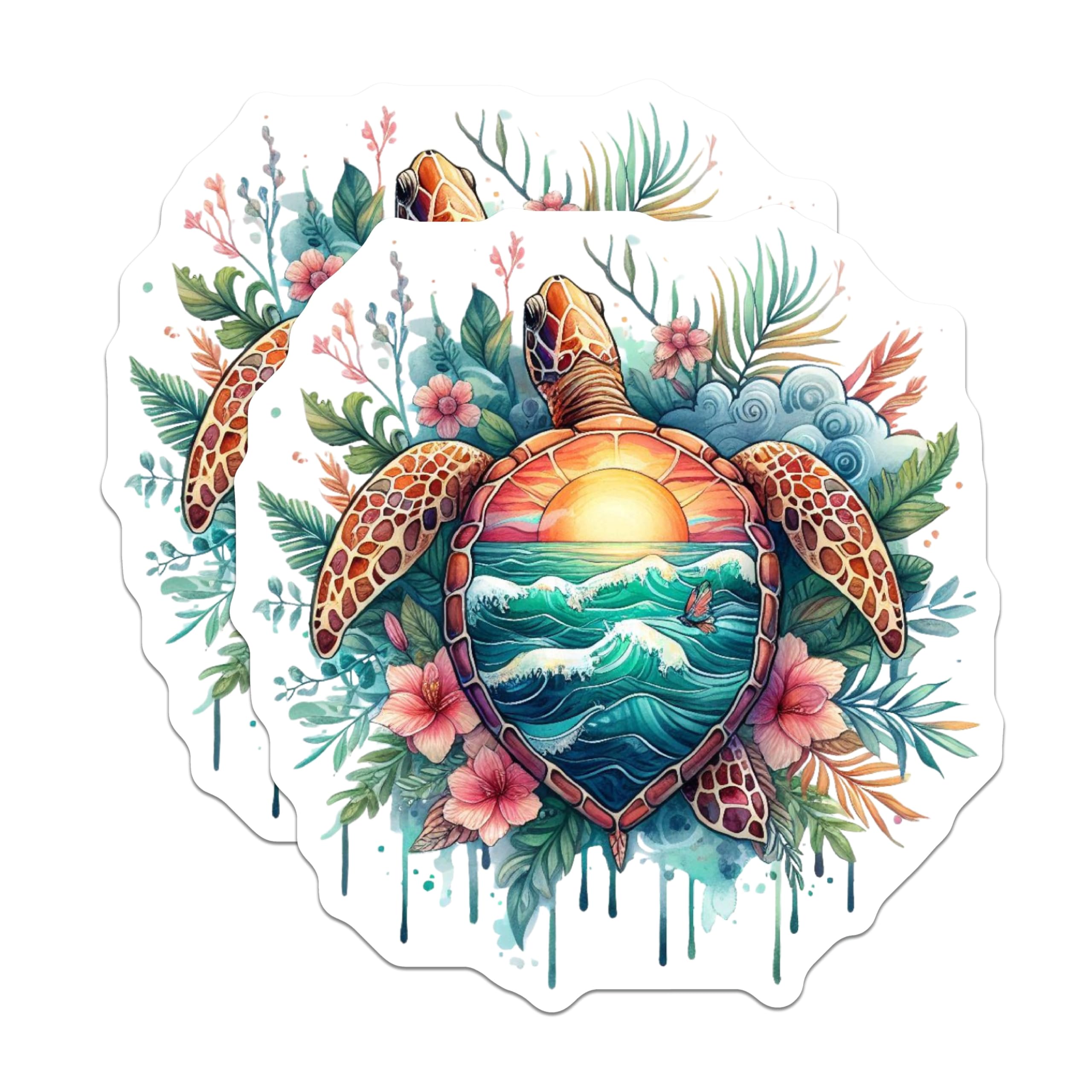 (2 Pack) Sea Turtle Magnets - Sunset Ocean Waves Art - Tropical Floral Decor Accent - 5 Inches On Longest Side - Thick Durable Magnet - Made in USA - MAG22331