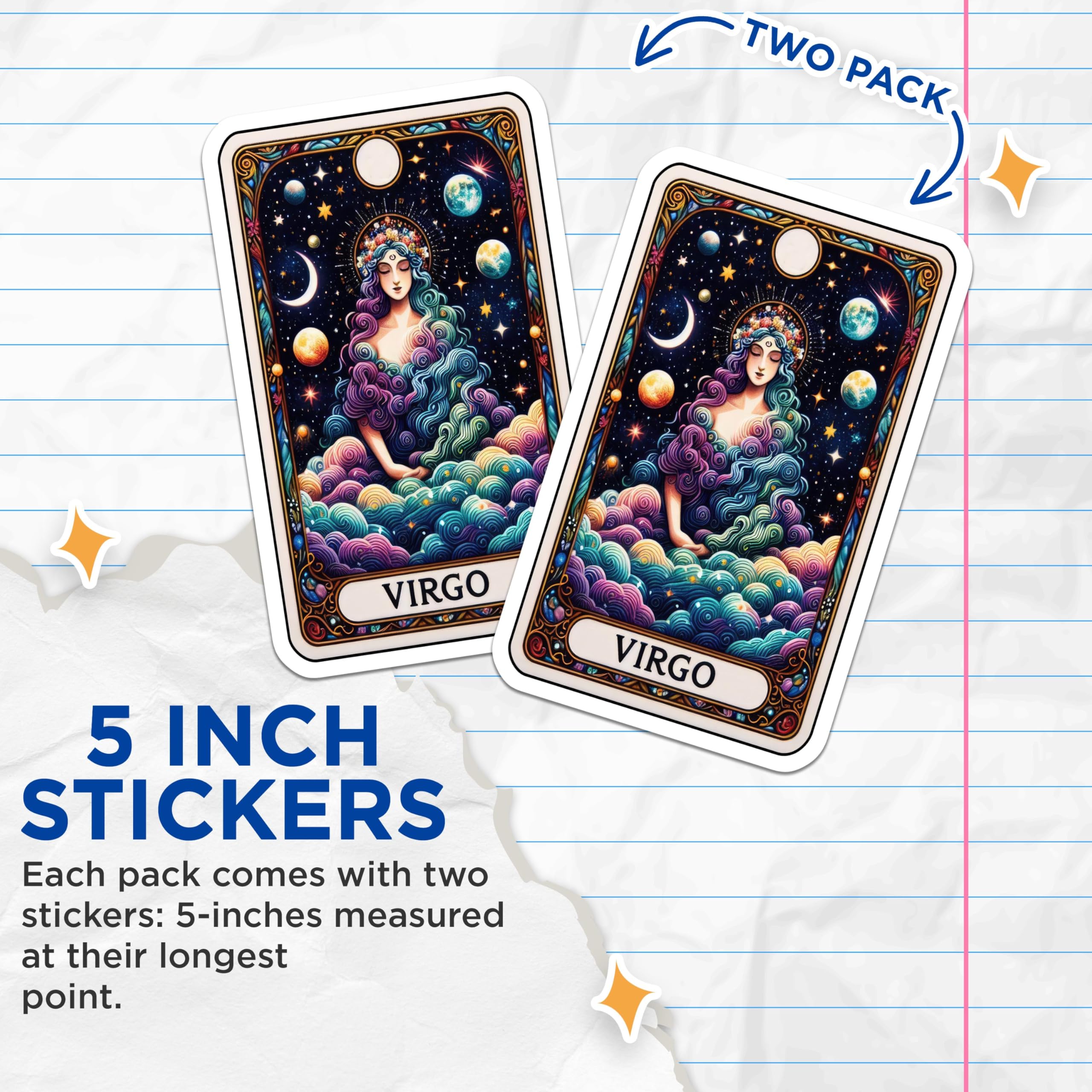 (2 Pack) Horoscope Stickers - Virgo Zodiac Stickers - Astrology Art Stickers - Star Sign Stickers - Celestial Stickers - 5" On Longest Side - Sticks to Smooth Flat Surfaces - Made in USA - BMCS5553