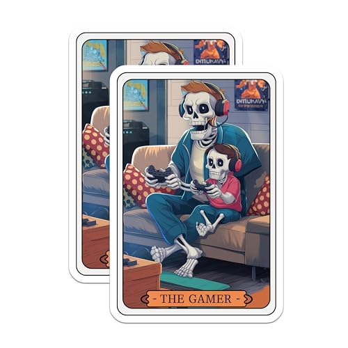 (2 Pack) Gamer Skeleton Stickers - Father and Son Gaming Stickers - Creepy Funny Family Artwork Stickers - 5" On Longest Side - Sticks to Smooth Flat Surfaces - Made in USA - BMCS4459